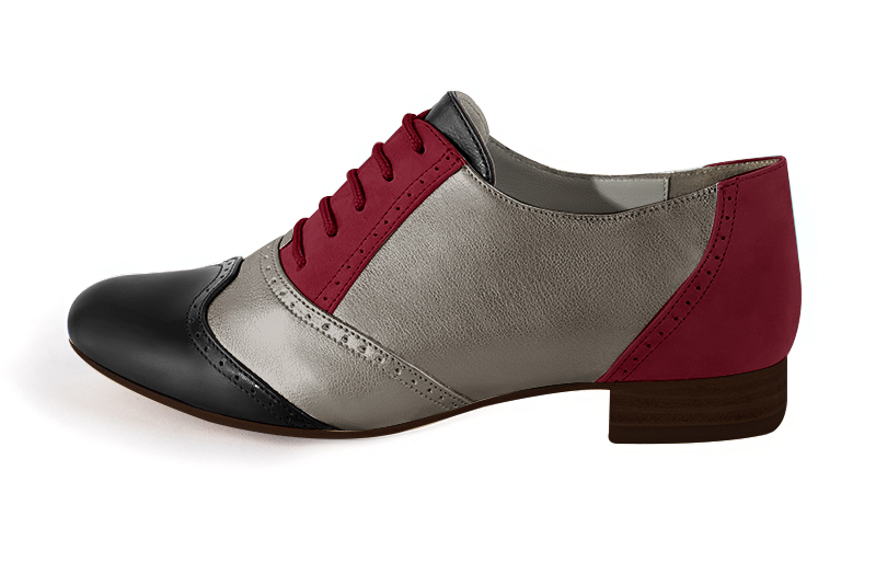 Satin black, taupe brown and burgundy red women's fashion lace-up shoes.. Profile view - Florence KOOIJMAN